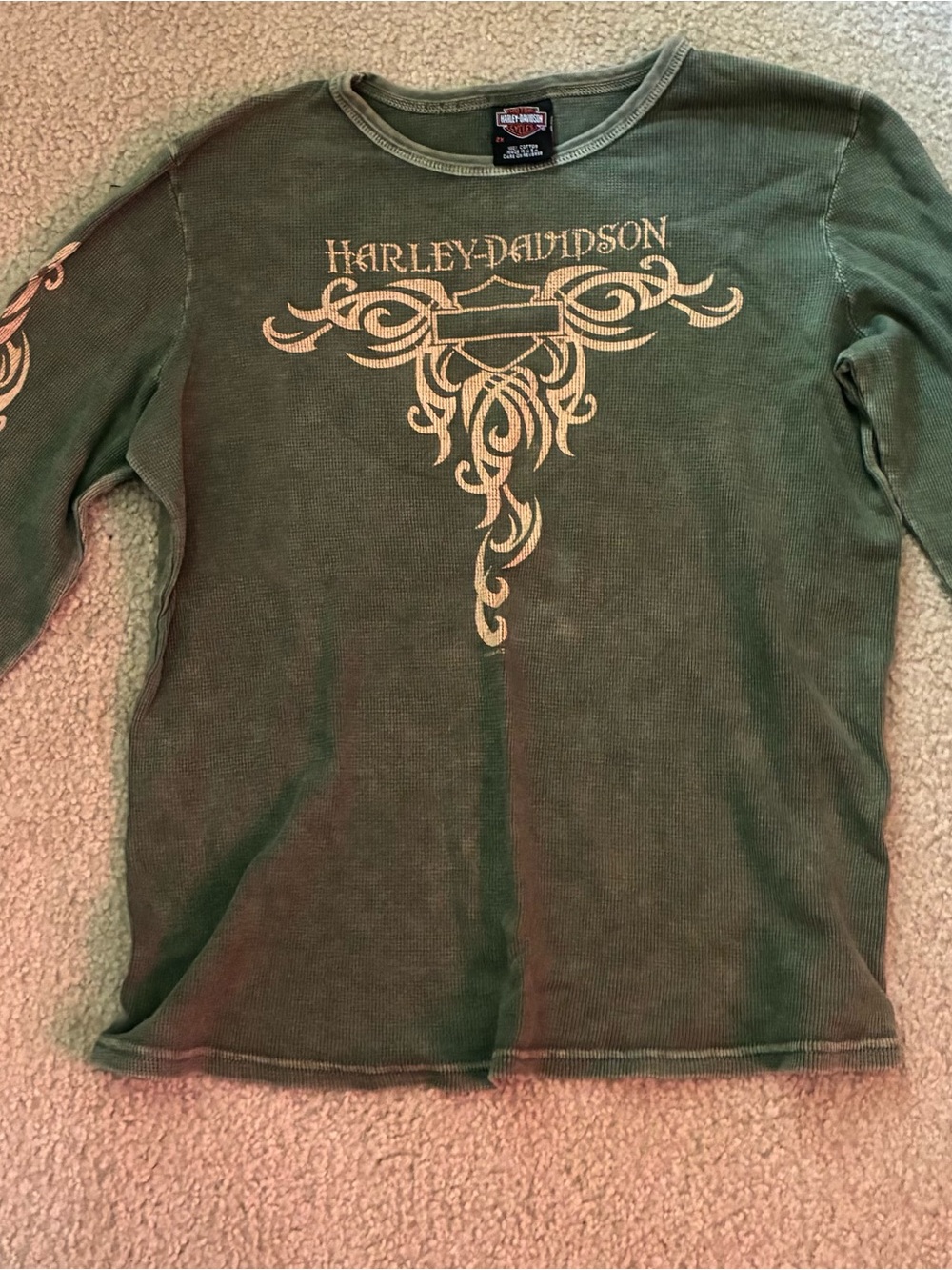 Women’s XXL Distressed Look  Harley-Davidson Olive Green Long Sleeve Graphic Tee